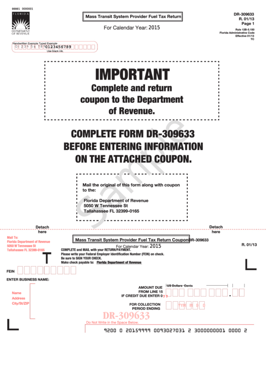 Form Dr-309633 Sample - Mass Transit System Provider Fuel Tax Return - 2015 Printable pdf