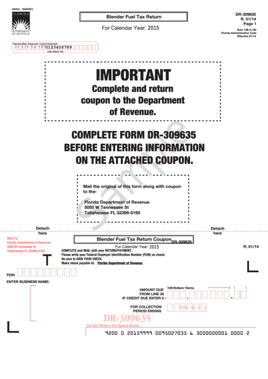 Form Dr-309635 Sample - Blender Fuel Tax Return - 2015 Printable pdf