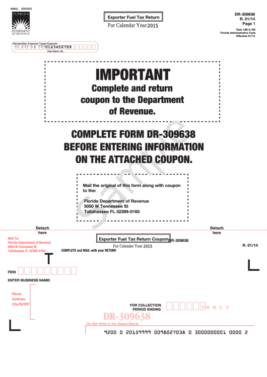 Form Dr-309638 Sample - Exporter Fuel Tax Return - 2015 Printable pdf