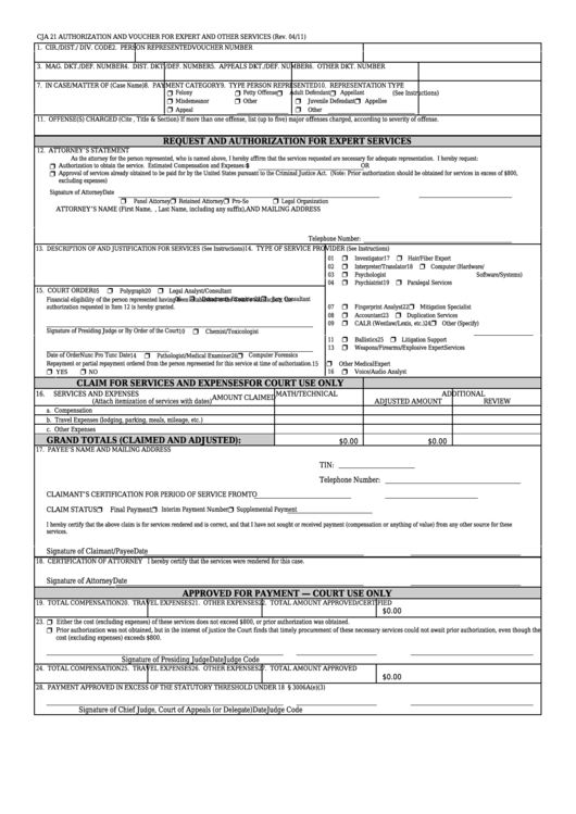 Fillable Form Cja 21 - Authorization And Voucher For Expert And Other Services Printable pdf