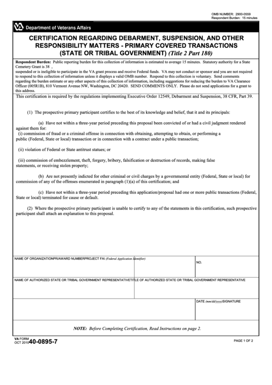 Fillable Va Form 40-0895-7 - Certification Regarding Debarment, Suspension, And Other Responsibility Matters - Primary Covered Transactions (State Or Tribal Government) Printable pdf