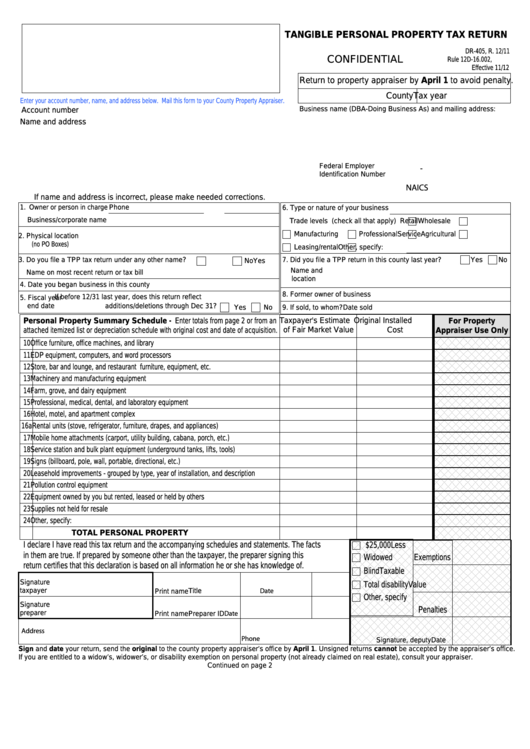 Fillable Form Dr 405 Tangible Personal Property Tax Return Printable 