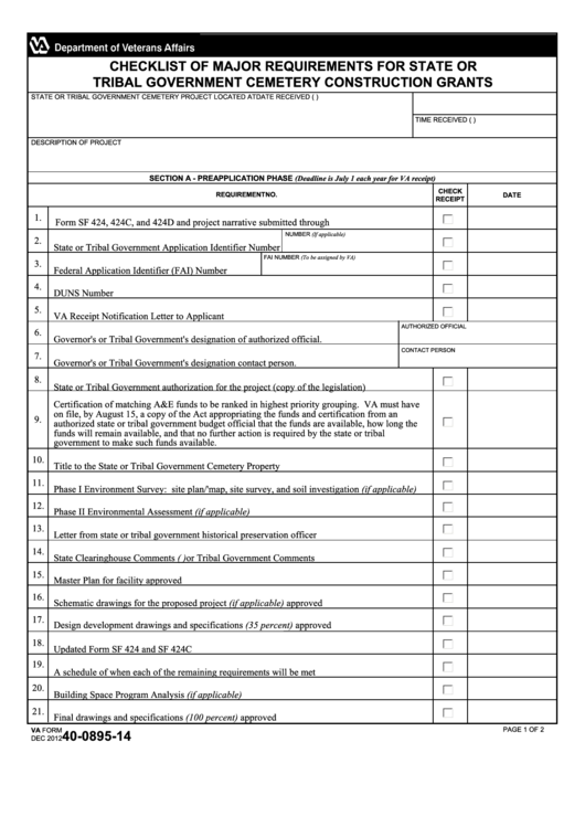 Fillable Va Form 40-0895-14 - Checklist Of Major Requirements For State Or Tribal Government Cemetery Construction Grants Printable pdf