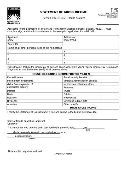 Form Dr-501a - Statement Of Gross Income Printable pdf