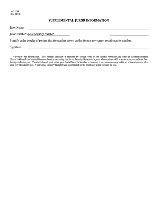 Fillable Form Ao 229s - Supplemental Juror Information Printable pdf