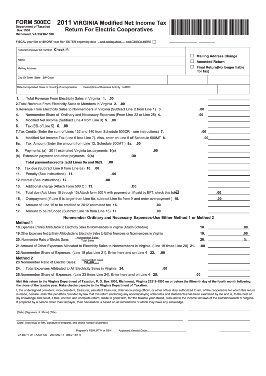 Form 500ec - Virginia Modified Net Income Tax Return For Electric Cooperatives - 2011 Printable pdf