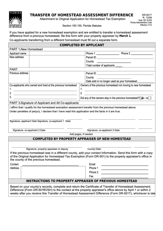 Form Dr-501t - Transfer Of Homestead Assessment Difference Printable pdf