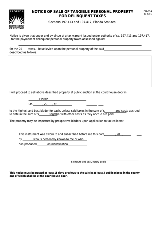 Form Dr-514 - Notice Of Sale Of Tangible Personal Property For Delinquent Taxes Printable pdf