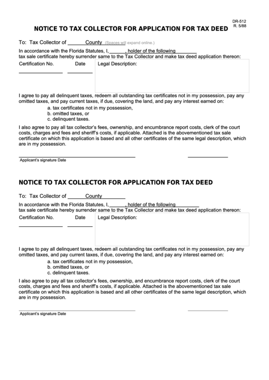Form Dr-512 - Notice To Tax Collector For Application For Tax Deed Printable pdf
