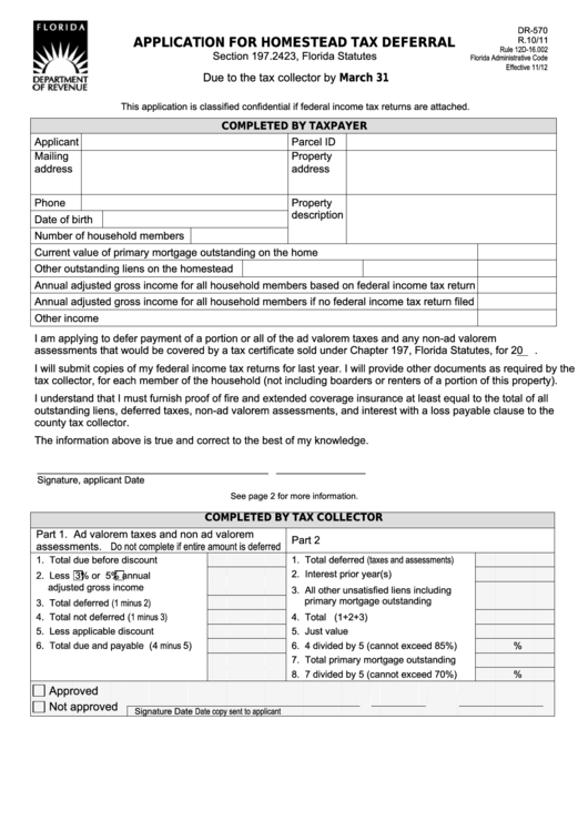 Form Dr-570 - Application For Homestead Tax Deferral Printable pdf