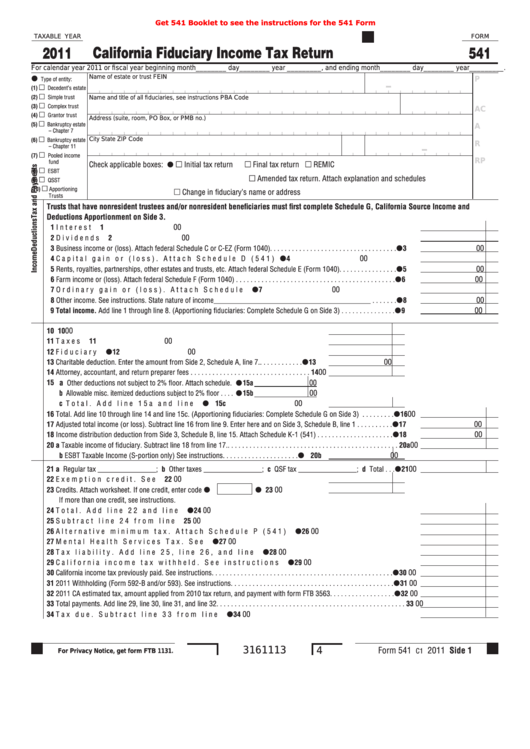 Fillable Form 541 - California Fiduciary Income Tax Return - 2011 Printable pdf