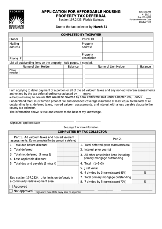 Form Dr-570ah - Application For Affordable Housing Property Tax Deferral Printable pdf