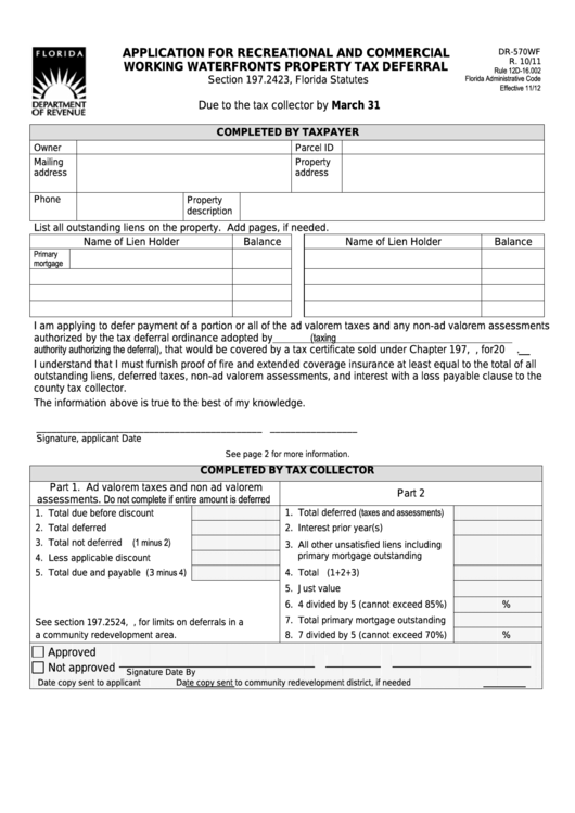Form Dr-570wf - Application For Recreational And Commercial Working Waterfronts Property Tax Deferral Printable pdf