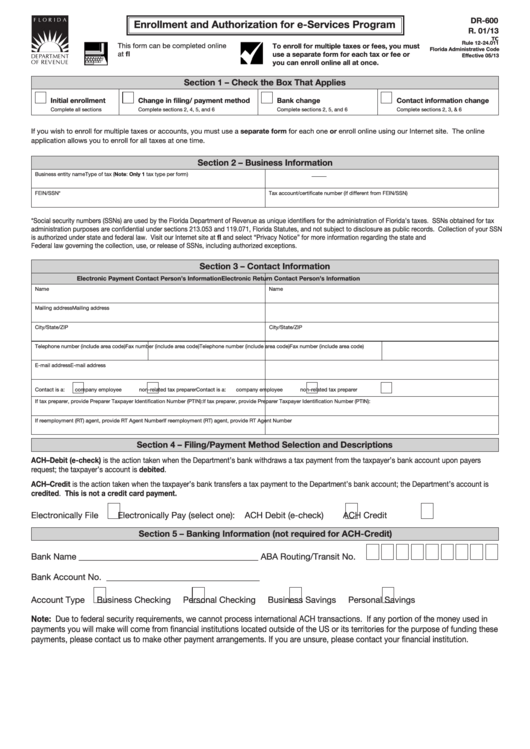 Form Dr-600 - Enrollment And Authorization For E-Services Program Printable pdf