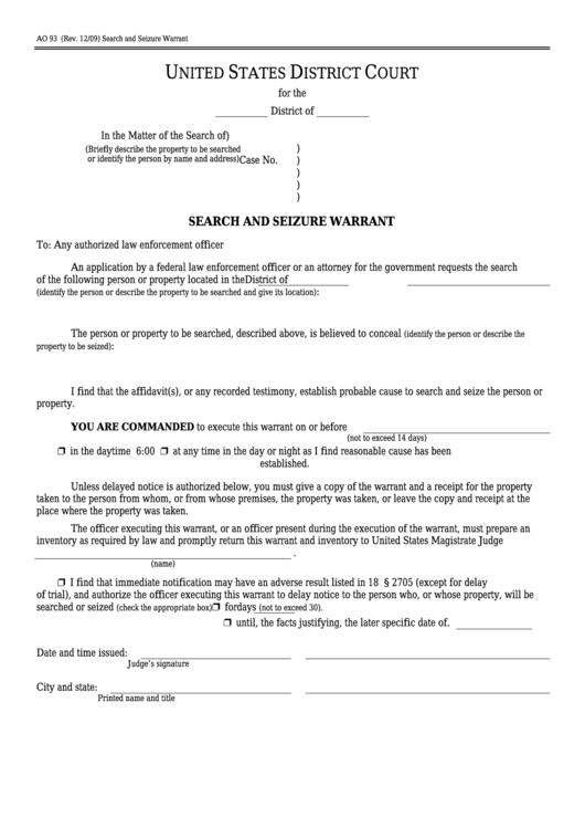 Fillable Form Ao 93 - Search And Seizure Warrant Printable pdf
