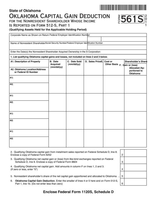 Fillable Form 561s - Oklahoma Capital Gain Deduction For The Nonresident Shareholder Whose Income Is Reported On Form 512-S, Part 1 - 2011 Printable pdf
