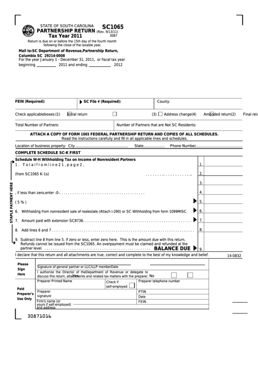 Form Sc1065 - Partnership Return - 2011 Printable pdf