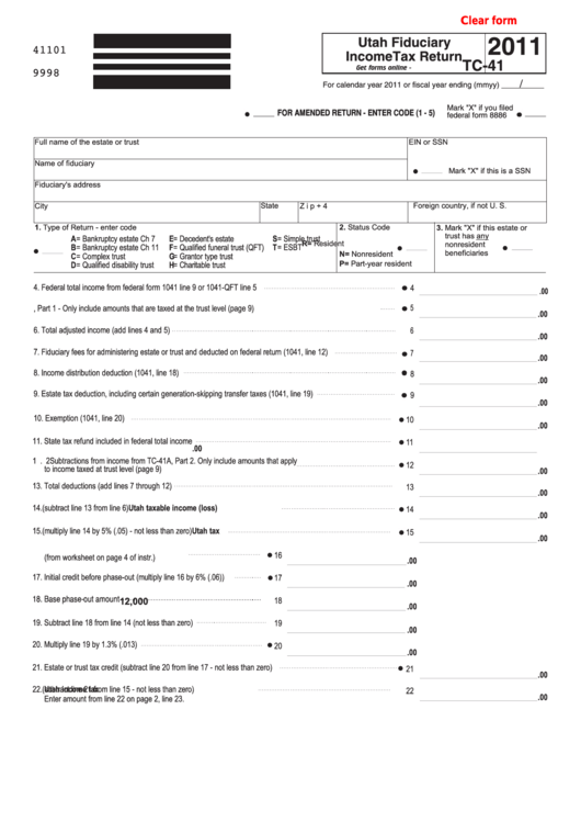 Fillable Form Tc-41 - Utah Fiduciary Income Tax Return - 2011 Printable pdf