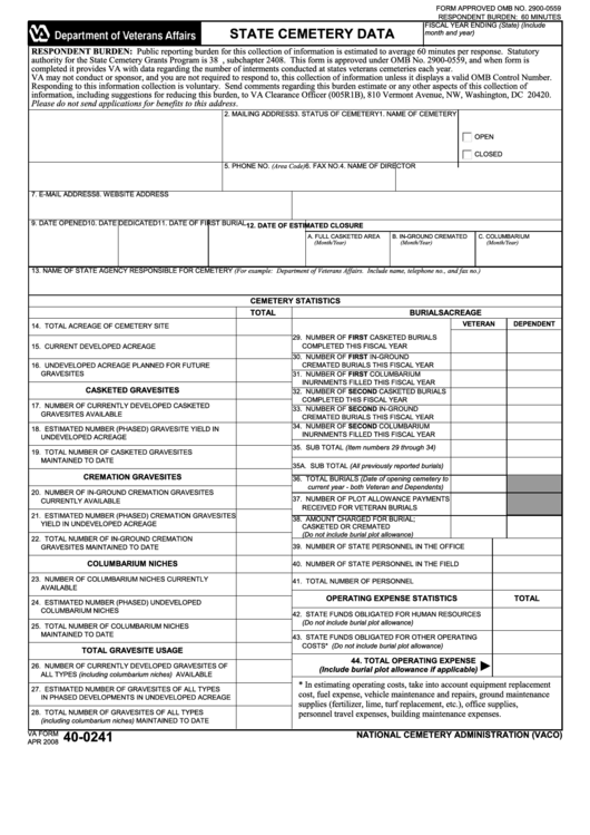 Fillable Va Form 40-0241 - State Cemetery Data Printable pdf
