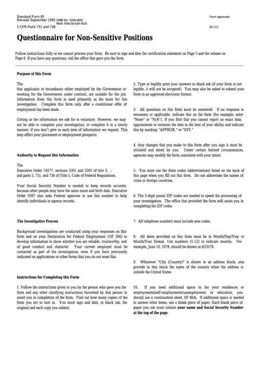 Fillable Standart Form 85 - Questionnaire For Non-Sensitive Positions Printable pdf