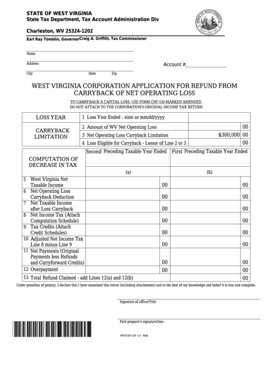 Form Wv/cnf-139 - West Virginia Corporation Application For Refund From Carryback Of Net Operating Loss Printable pdf