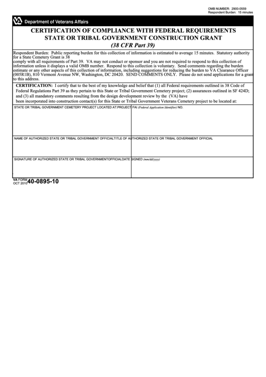 Fillable Va Form 40-0895-10 - Certification Of Compliance With Federal Requirements State Or Tribal Government Construction Grant Printable pdf