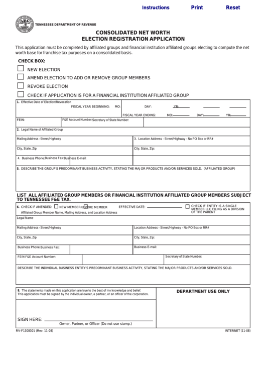 Fillable Form Rv-F1308301 - Consolidated Net Worth Election Registration Application Printable pdf