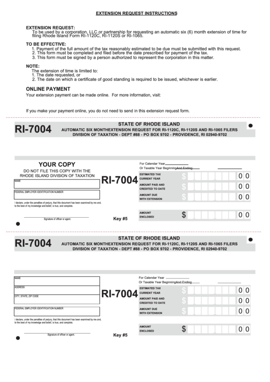 Form Ri-7004 - Automatic Six Month Extension Request For Ri-1120c, Ri-1120s And Ri-1065 Filers Printable pdf