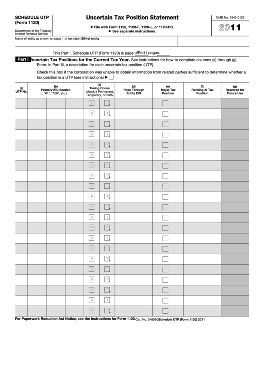 Fillable Schedule Utp (Form 1120) - Uncertain Tax Position Statement - 2011 Printable pdf