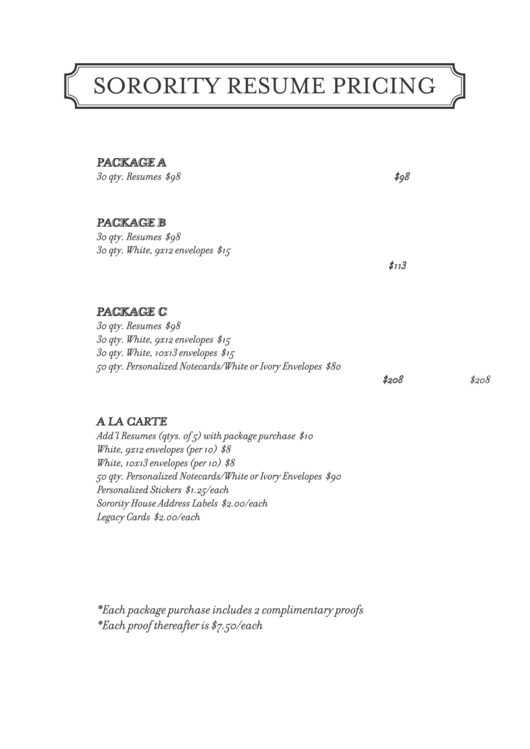 Sorority Resume Pricing Template Printable pdf