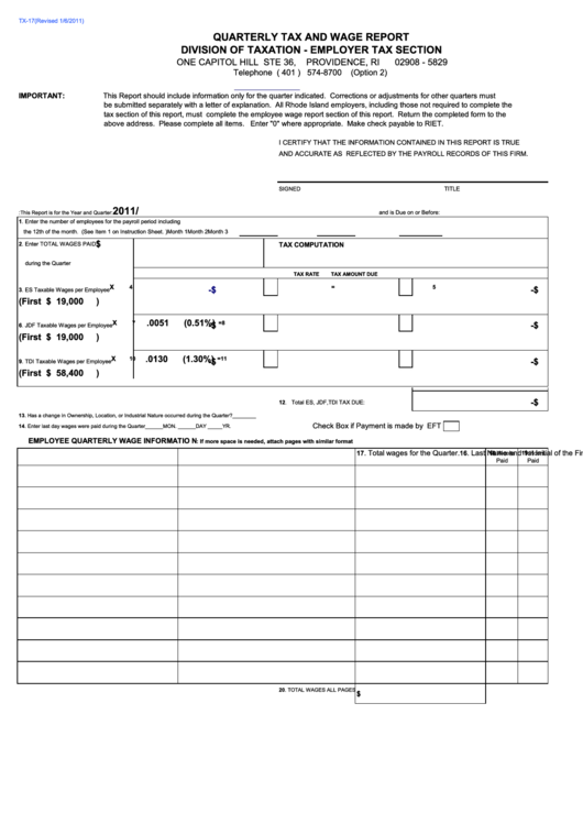 Form Tx-17 - Quarterly Tax And Wage Report Division Of Taxation-Employer Tax Section Printable pdf
