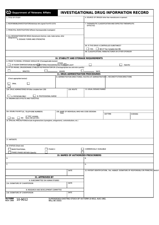 Va Form 10-9012 - Investigational Drug Information Record Printable pdf
