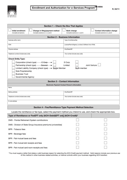 Florida Dr-600a - Enrollment And Authorization For E-Services Program Printable pdf