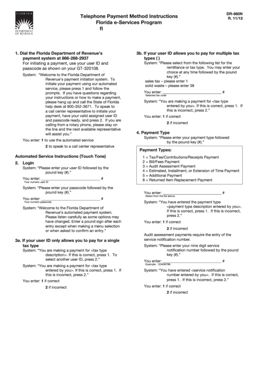 Form Dr-660n Instructions - Telephone Payment Method - Florida E-Services Program Printable pdf
