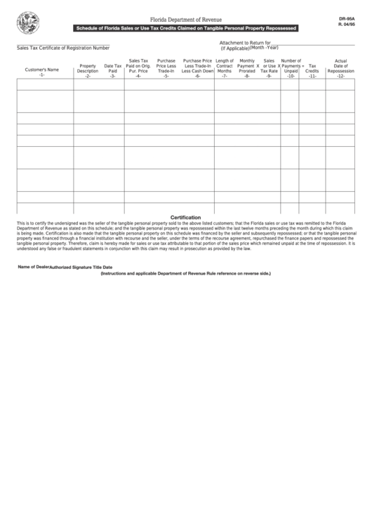 Form Dr-95a - Schedule Of Florida Sales Or Use Tax Credits Claimed On Tangible Personal Property Repossessed - Florida Department Of Revenue Printable pdf