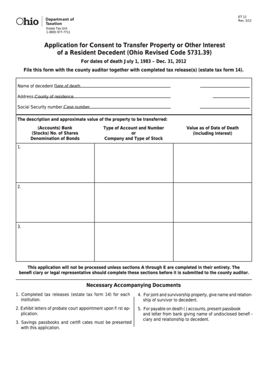 Fillable Form Et-12 - Application For Consent To Transfer Property Or Other Interest Of A Resident Decedent - Ohio Department Of Taxation Printable pdf