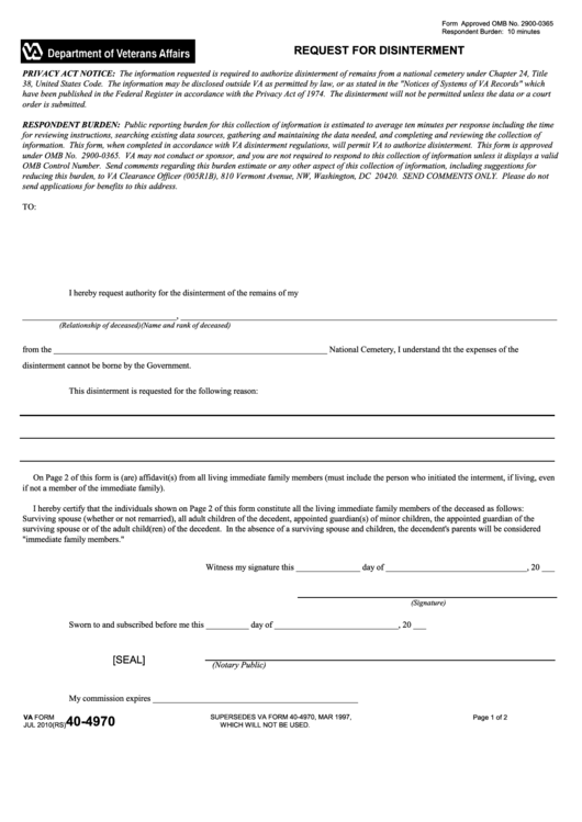 Fillable Va Form 40-4970 - Request For Disinterment Printable pdf