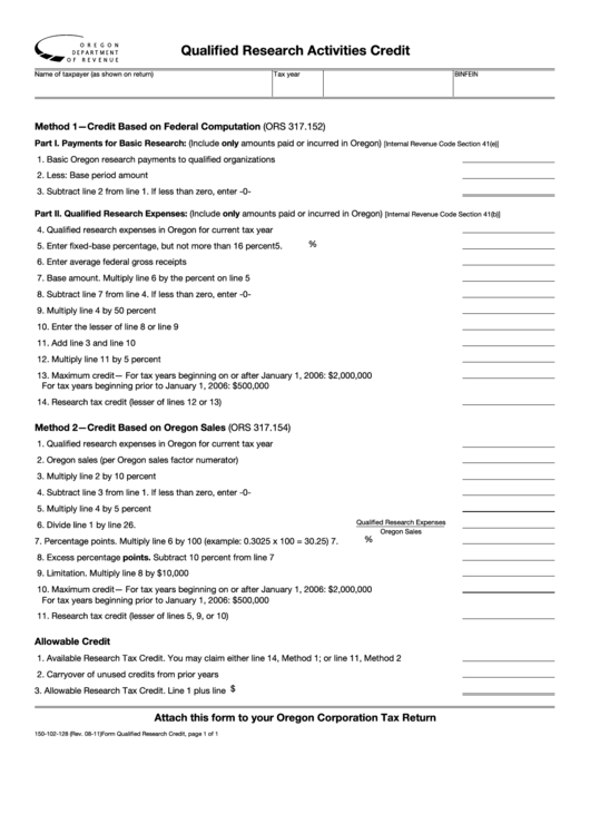 Fillable Qualified Research Activities Credit Printable pdf
