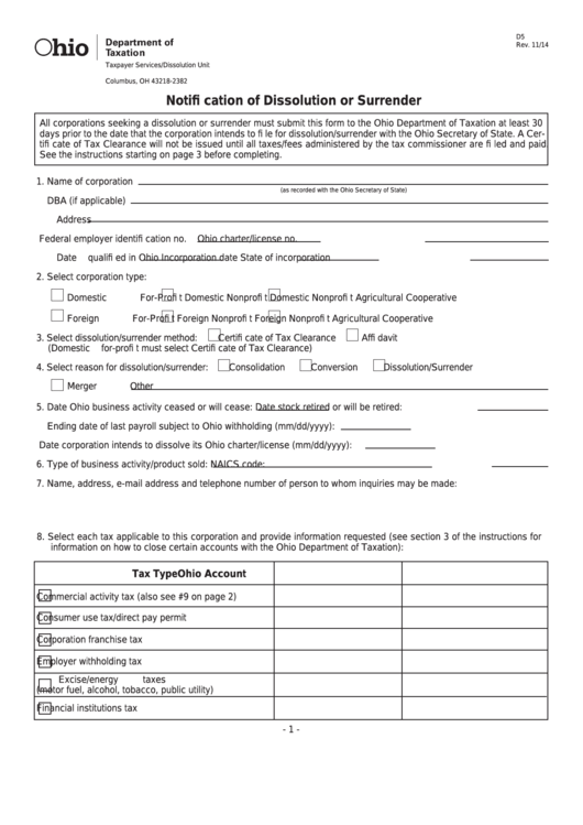 Fillable Form D5 - Notification Of Dissolution Or Surrender - Ohio Department Of Taxation Printable pdf