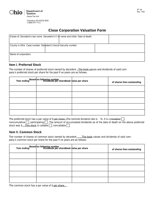 Fillable Form Et 18 - Close Corporation Valuation Form - Ohio Department Of Taxation Printable pdf