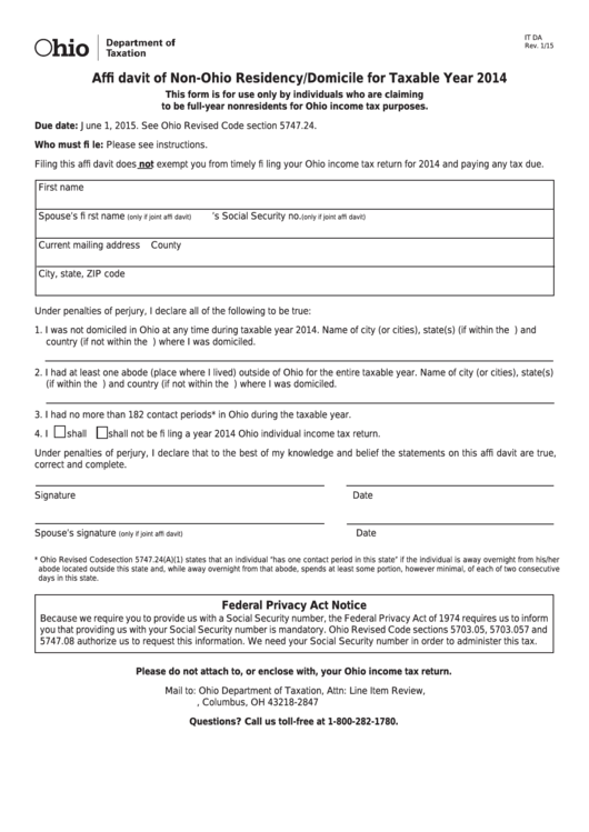 Fillable Form It Da - Affidavit Of Non-Ohio Residency/domicile - 2014 Printable pdf