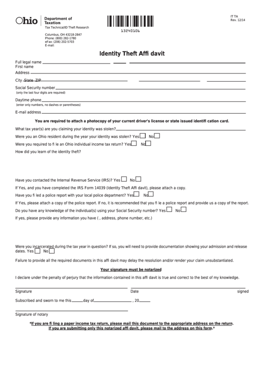 Fillable Form It Ta - Identity Theft Affidavit - Ohio Department Of Taxation Printable pdf