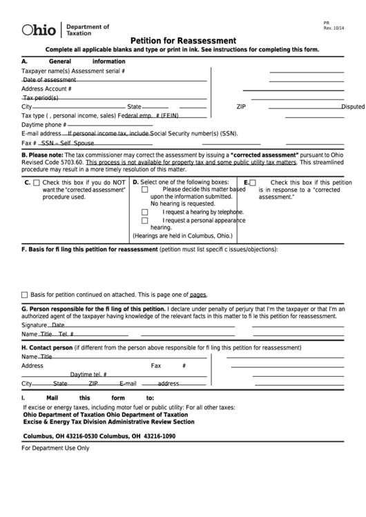 Fillable Form Pr - Petition For Reassessment - Ohio Department Of Taxation Printable pdf