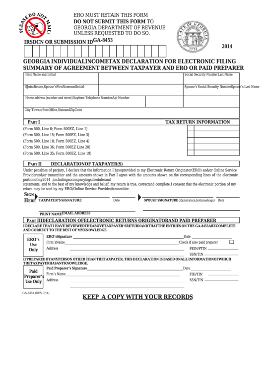 Fillable Form Ga-8453 - Georgia Individual Income Tax Declaration For Electronic Filing - Summary Of Agreement Between Taxpayer And Ero Or Paid Preparer Printable pdf
