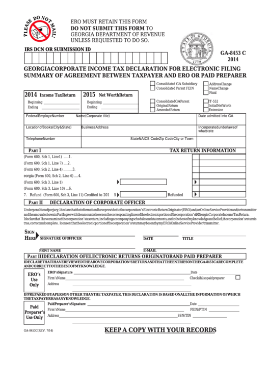 Fillable Form Ga-8453 C - Georgia Corporate Income Tax Declaration For Electronic Filing - Summary Of Agreement Between Taxpayer And Ero Or Paid Preparer Printable pdf