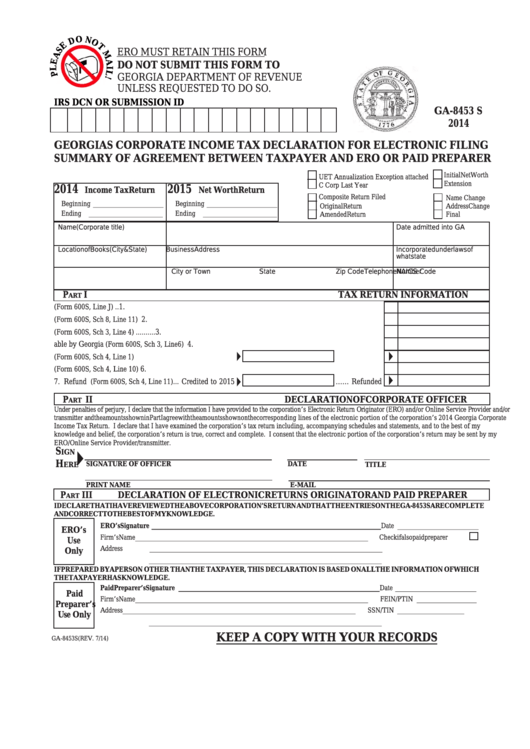 Fillable Form Ga-8453 S - Georgia S Corporate Income Tax Declaration For Electronic Filing - Summary Of Agreement Between Taxpayer And Ero Or Paid Preparer Printable pdf