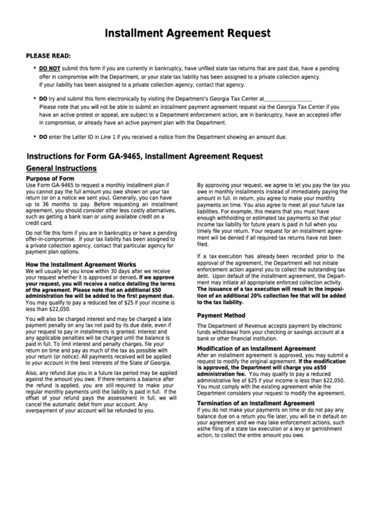 Fillable Form Ga-9465 - Installment Agreement Request Printable pdf