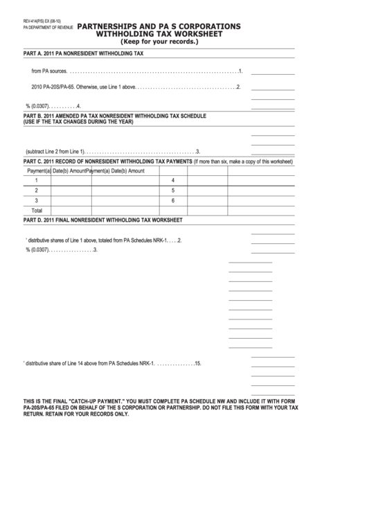 Form Rev-414(P/s) Ex - Partnerships And Pa S Corporations Withholding Tax Worksheet Printable pdf