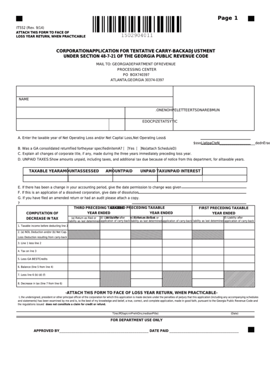 Fillable Form It 552 - Corporation Application For Tentative Carry-Back Adjustment Printable pdf