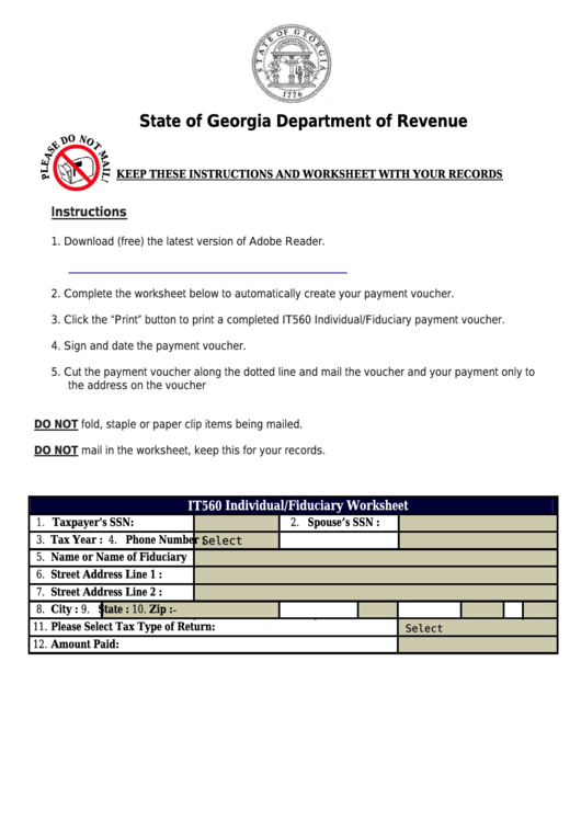 Fillable Form It560 - Individual And Fiduciary Payment Voucher - Georgia Department Of Revenue Printable pdf